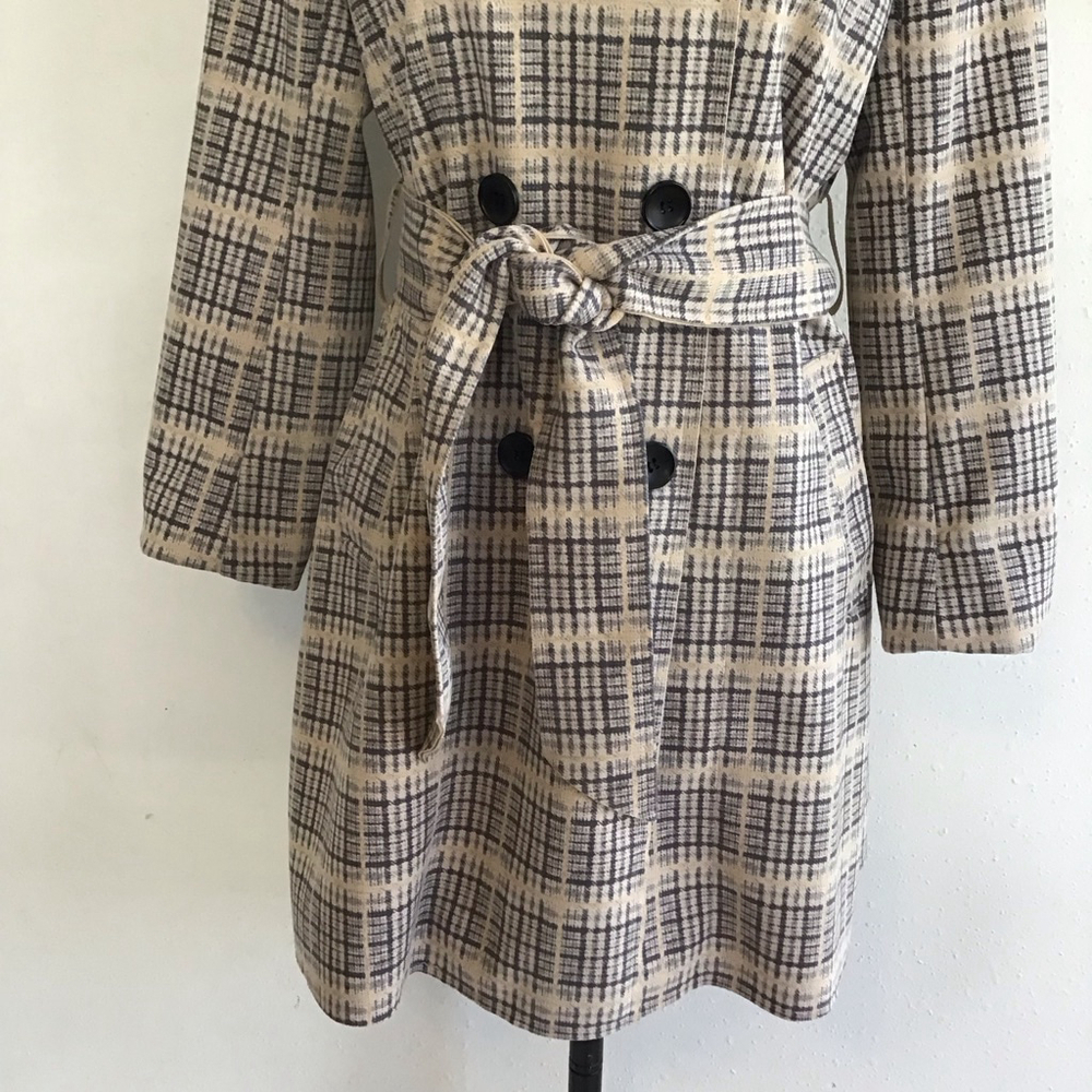 Solitaire Women Plaid Double Breasted Tie Belt Trench Jacket S Beige Black - Picture 7 of 15